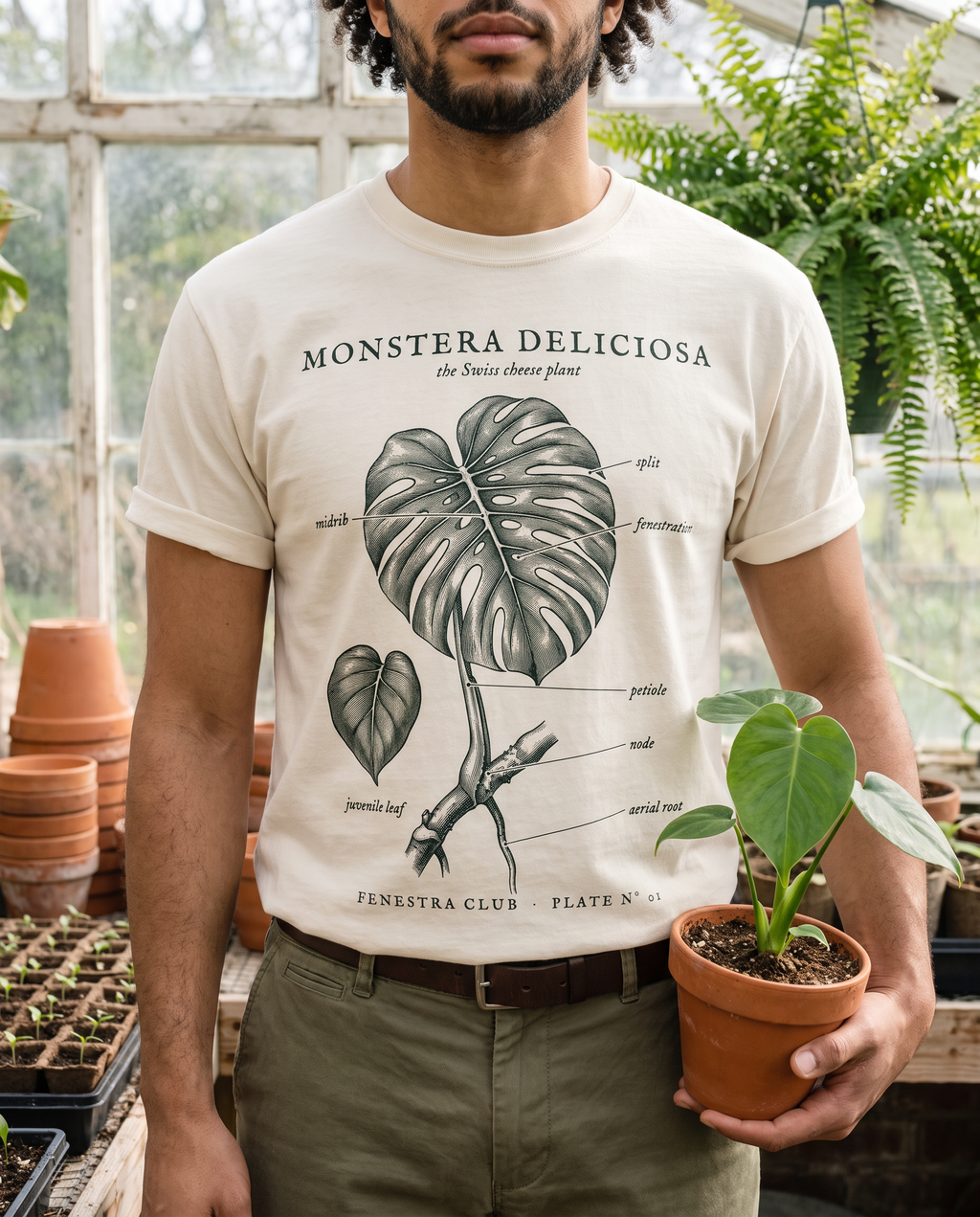 Man holding a potted monstera, wearing the Plate Nº 01 tee in Ivory