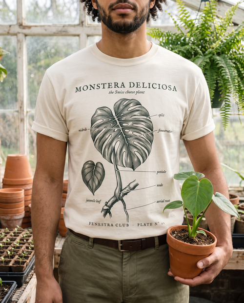 Man holding a potted monstera, wearing the Plate Nº 01 tee in Ivory