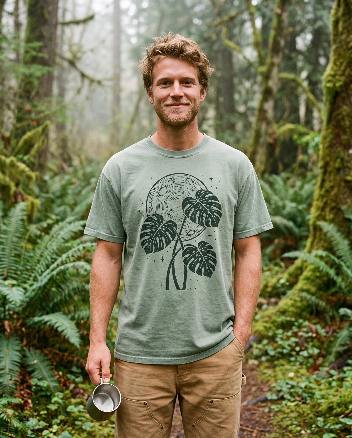 Man wearing the Moon Monstera linocut tee in Bay in a fern forest