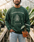 Man in a greenhouse holding a potted alocasia, wearing the Elephant Ear Club crewneck in Forest Green