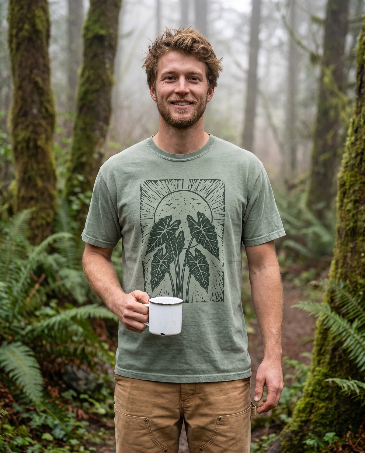 Man wearing the Sun Alocasia linocut tee in Bay