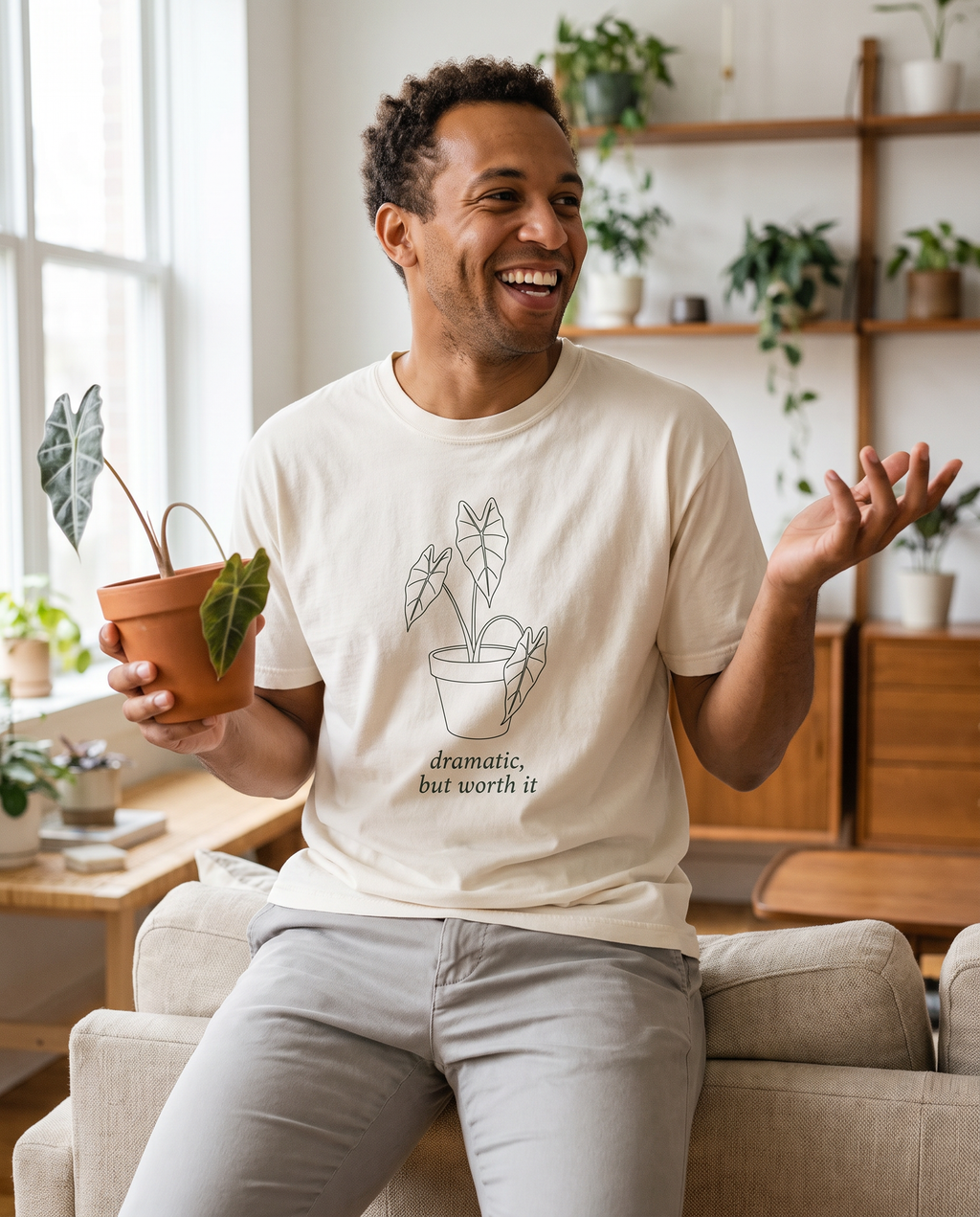 Man wearing the Dramatic, But Worth It tee in Ivory
