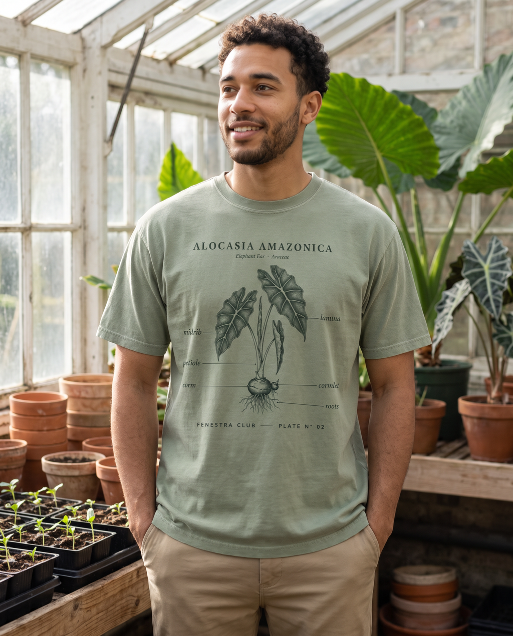Man in a potting shed wearing the Alocasia Plate Nº 02 tee in Bay