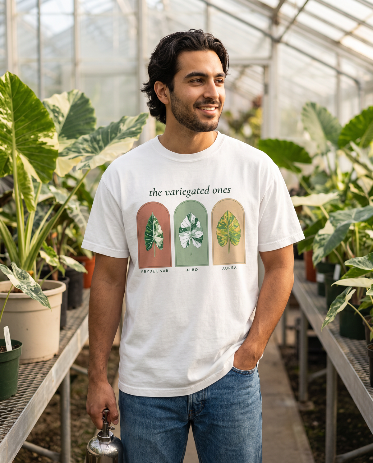Man wearing The Variegated Ones variegated alocasia tee in White