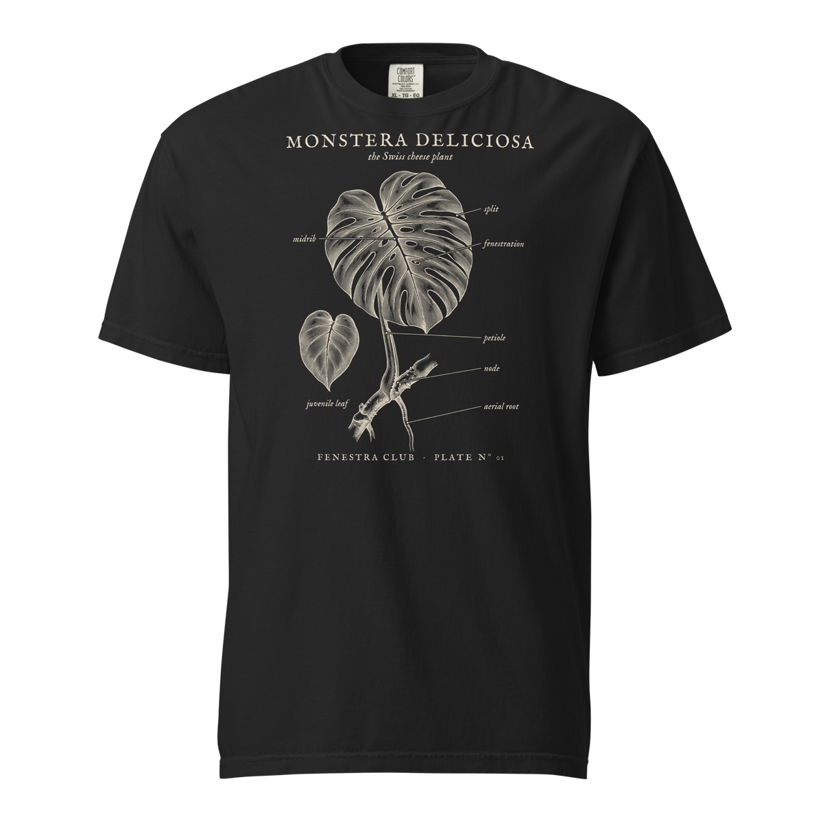 Monstera Deliciosa, Plate Nº 01 tee in Black — front view
